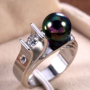 Elegant Cubic Zirconia & Black Faux Pearl Ring
